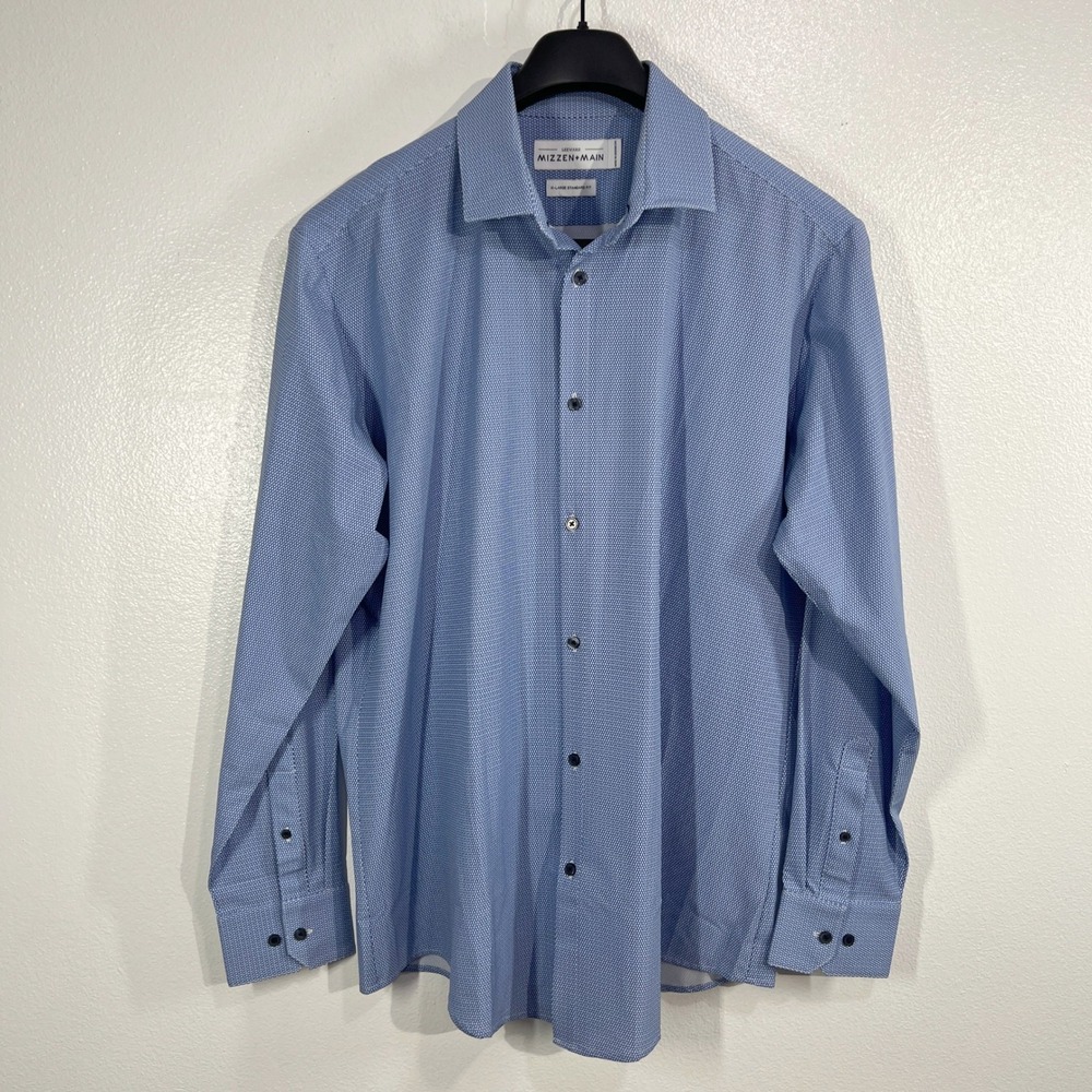 Mizzen+Main Leeward Performance‎ Dress Shirt Blue Pattern Standard Fit X-Large